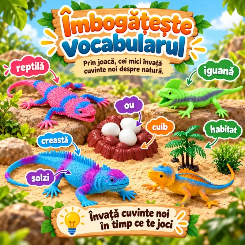 Set 10 piese cu figurine reptile, patru iguane, oua, cuib si tufisuri decorative
