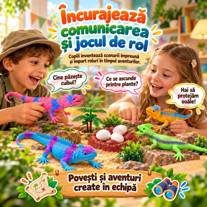 Set 10 piese cu figurine reptile, patru iguane, oua, cuib si tufisuri decorative