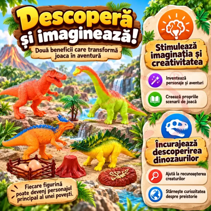 Set cu 16 piese dinozauri si animale preistorice cu aspect realist pentru copii de peste 3 ani