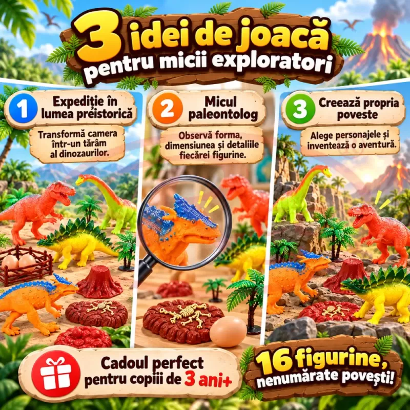 Set cu 16 piese dinozauri si animale preistorice cu aspect realist pentru copii de peste 3 ani