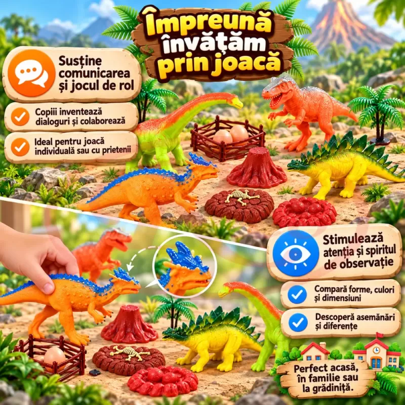 Set cu 16 piese dinozauri si animale preistorice cu aspect realist pentru copii de peste 3 ani