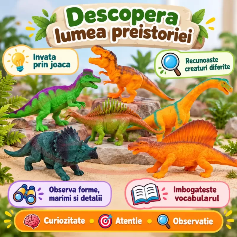 Set cu 6 piese dinozauri si animale preistorice cu aspect realist si dimensiuni mari pentru copii de peste 3 ani