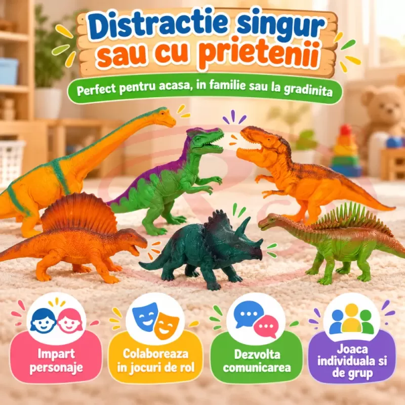 Set cu 6 piese dinozauri si animale preistorice cu aspect realist si dimensiuni mari pentru copii de peste 3 ani