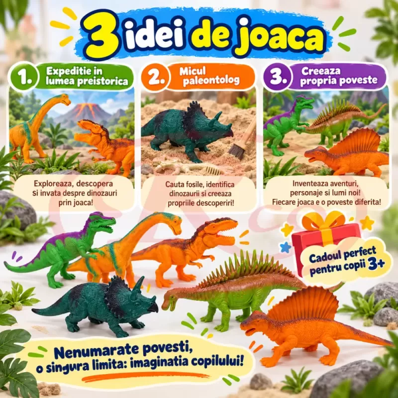 Set cu 6 piese dinozauri si animale preistorice cu aspect realist si dimensiuni mari pentru copii de peste 3 ani