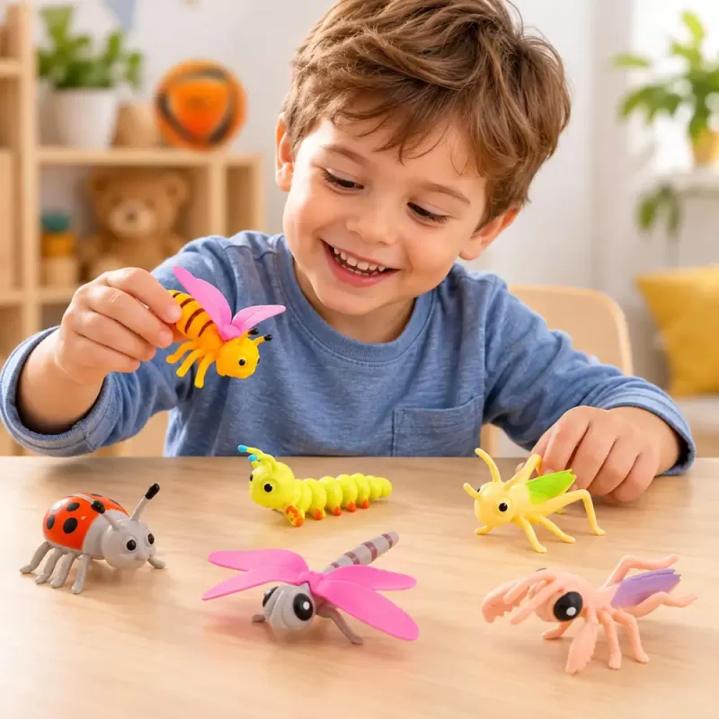 Set 6 figurine insecte pentru copii, cu albina, buburuza, calugarita, lacusta, omida si libelula