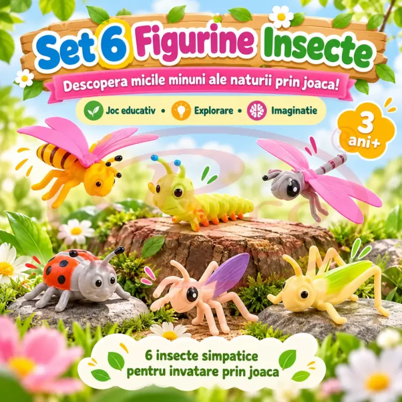 Set 6 figurine insecte pentru copii, cu albina, buburuza, calugarita, lacusta, omida si libelula