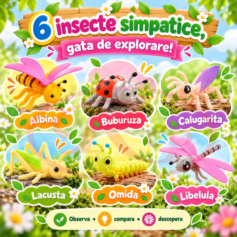 Set 6 figurine insecte pentru copii, cu albina, buburuza, calugarita, lacusta, omida si libelula