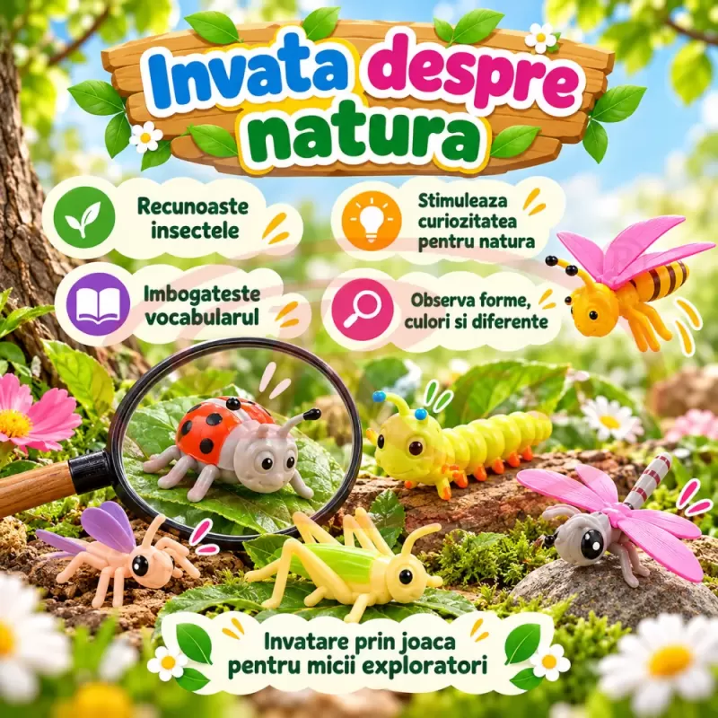 Set 6 figurine insecte pentru copii, cu albina, buburuza, calugarita, lacusta, omida si libelula