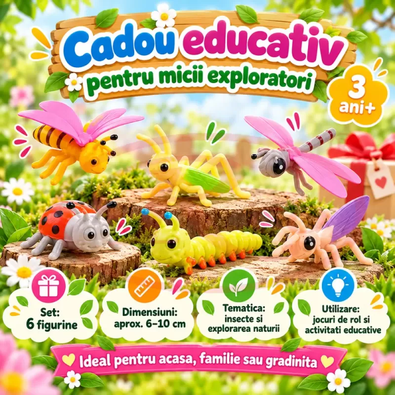 Set 6 figurine insecte pentru copii, cu albina, buburuza, calugarita, lacusta, omida si libelula