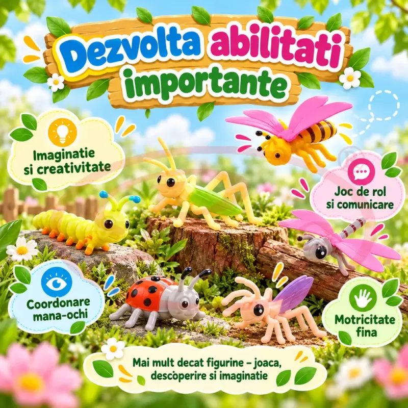 Set 6 figurine insecte pentru copii, cu albina, buburuza, calugarita, lacusta, omida si libelula