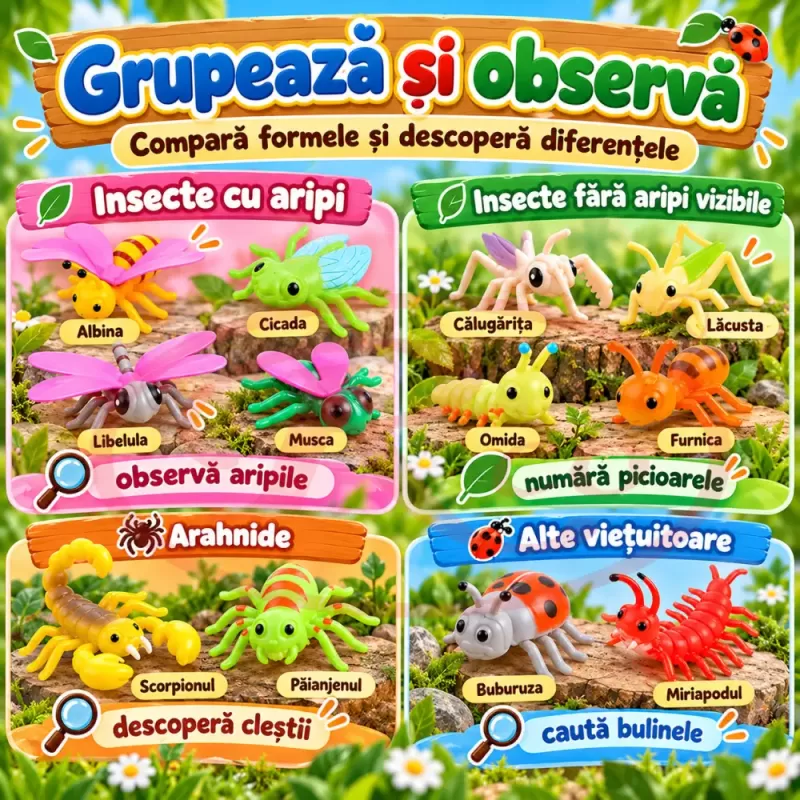 Set 12 figurine insecte si mici vietuitoare pentru copii, cu albina, paianjen, scorpion si libelula