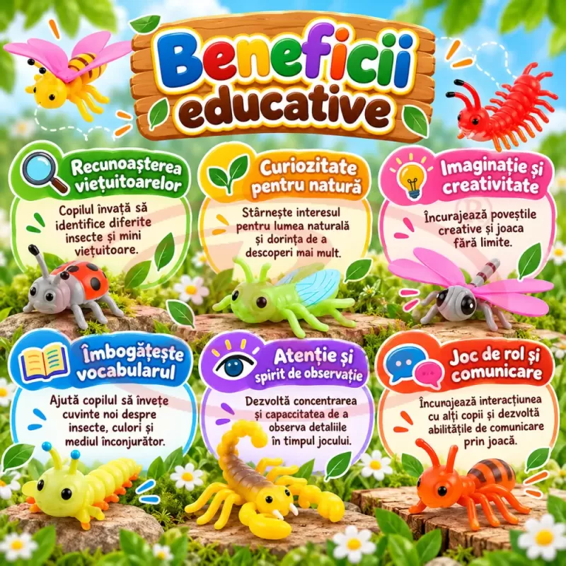 Set 12 figurine insecte si mici vietuitoare pentru copii, cu albina, paianjen, scorpion si libelula