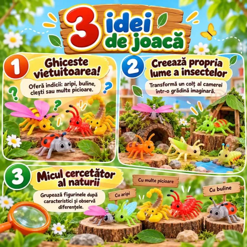 Set 12 figurine insecte si mici vietuitoare pentru copii, cu albina, paianjen, scorpion si libelula