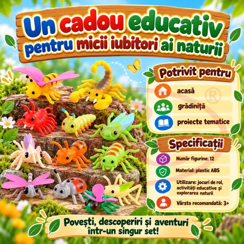 Set 12 figurine insecte si mici vietuitoare pentru copii, cu albina, paianjen, scorpion si libelula