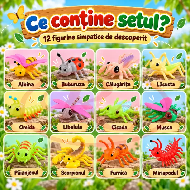 Set 12 figurine insecte si mici vietuitoare pentru copii, cu albina, paianjen, scorpion si libelula