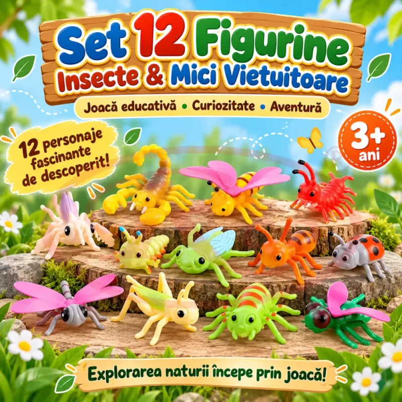 Set 12 figurine insecte si mici vietuitoare pentru copii, cu albina, paianjen, scorpion si libelula