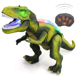 Dinozaur T-rex cu telecomanda lumini, sunete si miscari realiste, Verde, 50 cm