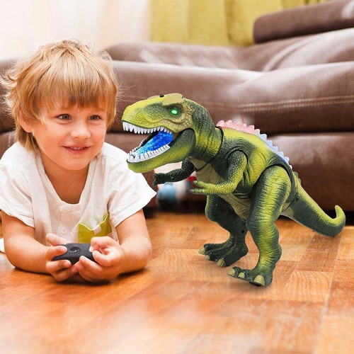 Dinozaur T-rex cu telecomanda lumini, sunete si miscari realiste, Verde, 50 cm