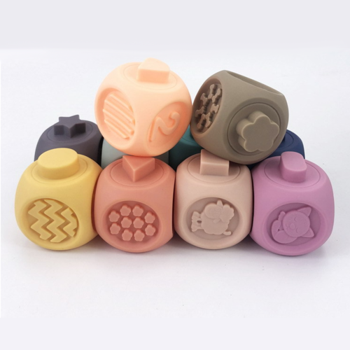 Set 10 cuburi senzoriale 3D in relief, colturi rotunjite, Macarons Color, + 18 luni