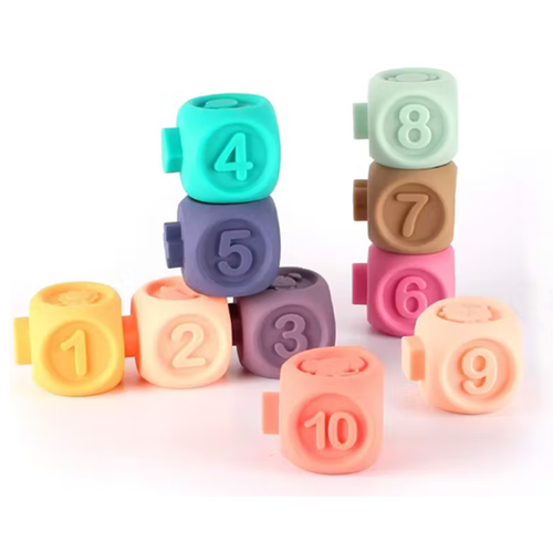 Set 10 cuburi senzoriale 3D in relief, colturi rotunjite, Macarons Color, + 18 luni