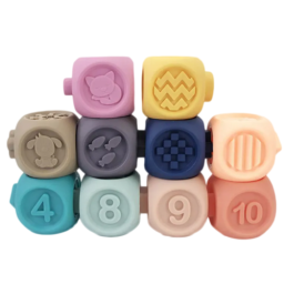 Set 10 cuburi senzoriale 3D in relief, colturi rotunjite, Macarons Color, + 18 luni