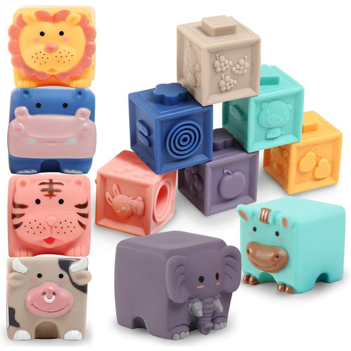 Set 12 cuburi moi cu margini rotunjite pentru bebelusi, Animale, Cifre, Multimi si Texturi 3D, 6 luni+