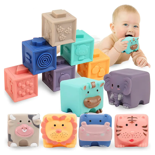 Set 12 cuburi moi cu margini rotunjite pentru bebelusi, Animale, Cifre, Multimi si Texturi 3D, 6 luni+