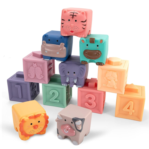 Set 12 cuburi moi cu margini rotunjite pentru bebelusi, Animale, Cifre, Multimi si Texturi 3D, 6 luni+