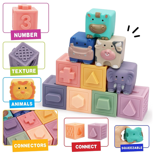 Set 12 cuburi moi cu margini rotunjite pentru bebelusi, Animale, Cifre, Multimi si Texturi 3D, 6 luni+