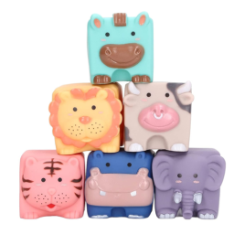 Set 6 cuburi moi cu margini rotunjite pentru bebelusi, Animale 3D, 6 luni+
