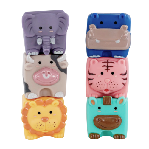 Set 6 cuburi moi cu margini rotunjite pentru bebelusi, Animale 3D, 6 luni+