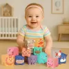 Set 12 cuburi moi cu margini rotunjite pentru bebelusi, Animale 3D, 6 luni+