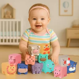 Set 12 cuburi moi cu margini rotunjite pentru bebelusi, Animale 3D, 6 luni+