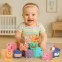 Set 12 cuburi moi cu margini rotunjite pentru bebelusi, Animale 3D, 6 luni+