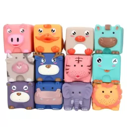 Set 12 cuburi moi cu margini rotunjite pentru bebelusi, Animale 3D, 6 luni+