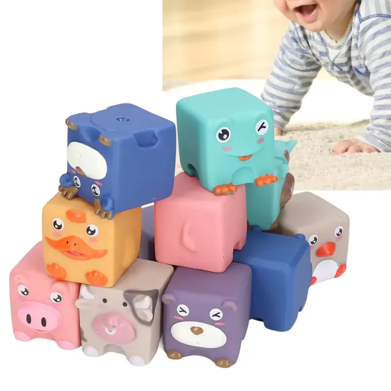 Set 12 cuburi moi cu margini rotunjite pentru bebelusi, Animale 3D, 6 luni+