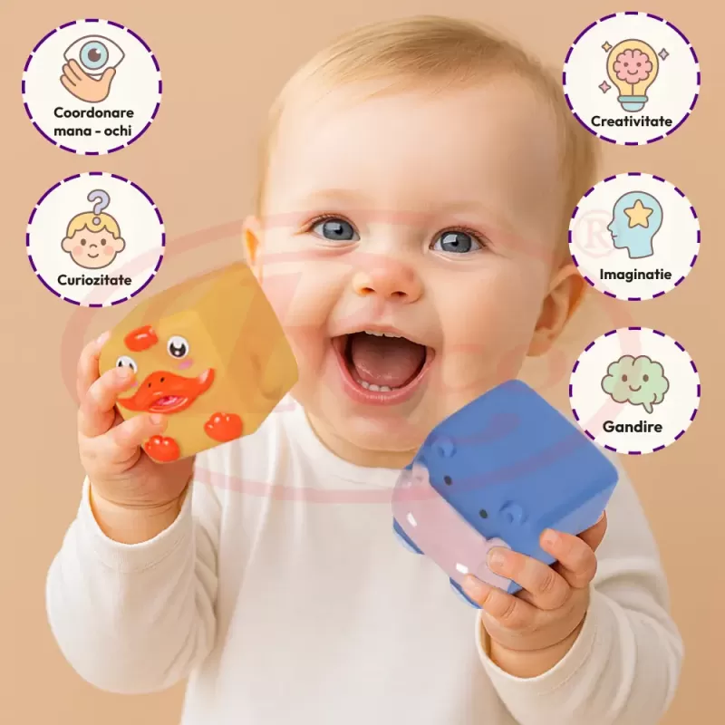 Set 12 cuburi moi cu margini rotunjite pentru bebelusi, Animale 3D, 6 luni+