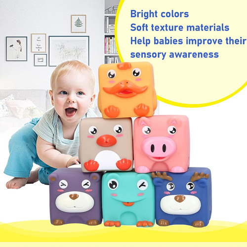 Set 6 cuburi moi cu margini rotunjite pentru bebelusi, Animale 3D, 6 luni+