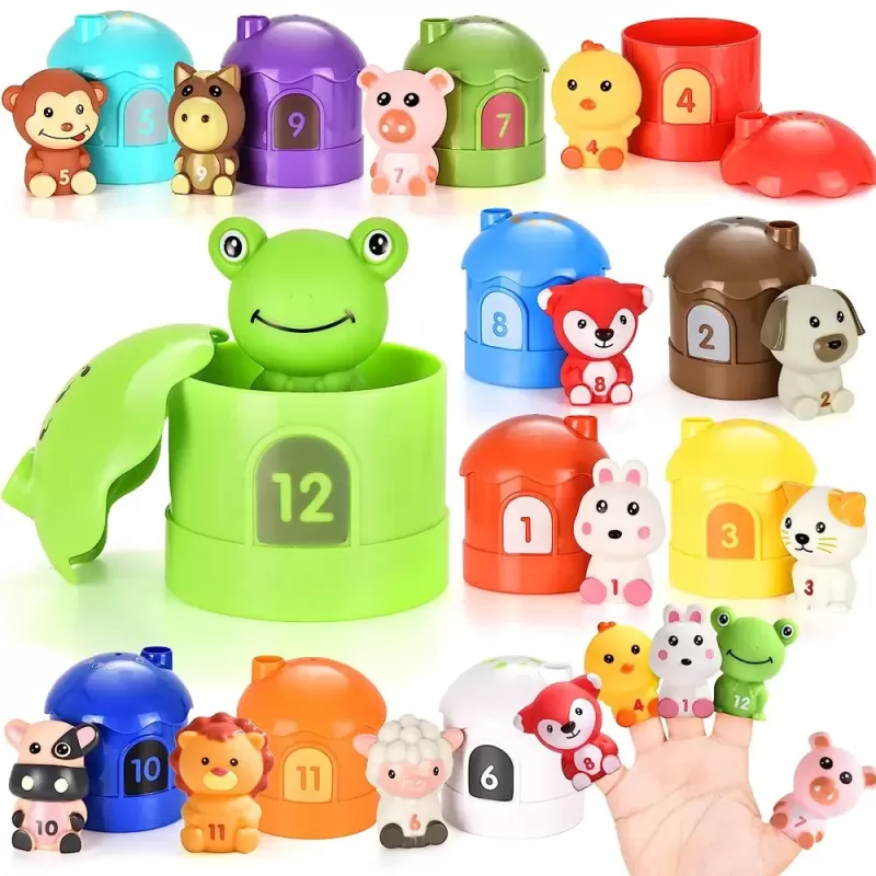 Jucarie Montessori Marionete Finger Puppets – Set educativ 24 piese, animale si casute numerotate, +6 luni