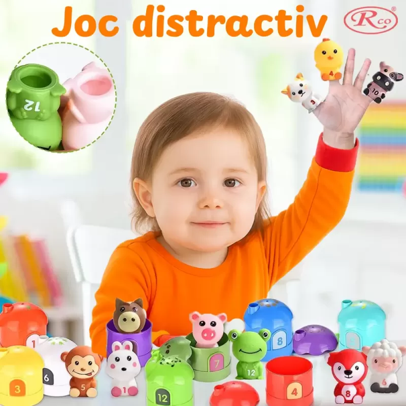 Jucarie Montessori Marionete Finger Puppets – Set educativ 24 piese, animale si casute numerotate, +6 luni