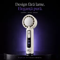 Ventilator de Mana Fara Lame, Ultra-Compact, cu Racire Instanta in 3 Trepte, Reglaj Fin in 100 Niveluri, Motor 14000 RPM, Display Digital, Baterie 4000 mAh, USB-C, Bej