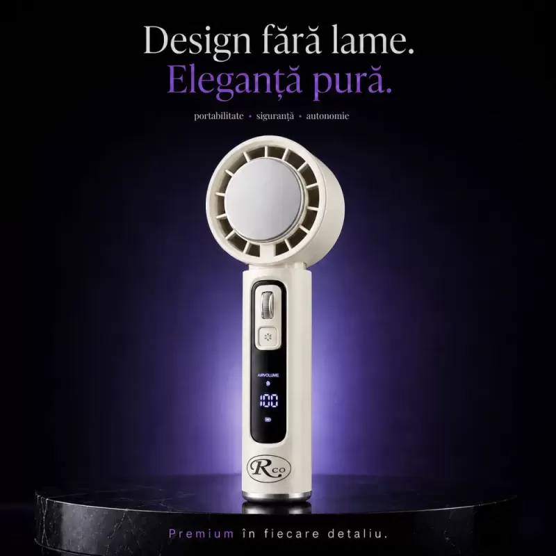 Ventilator de Mana Fara Lame, Ultra-Compact, cu Racire Instanta in 3 Trepte, Reglaj Fin in 100 Niveluri, Motor 14000 RPM, Display Digital, Baterie 4000 mAh, USB-C, Bej