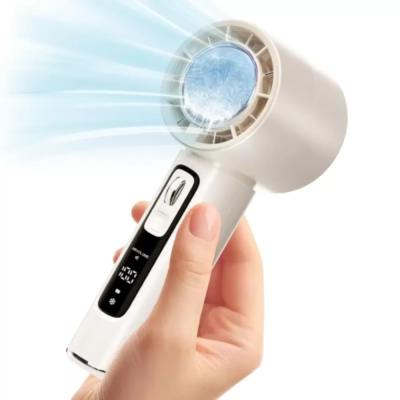 Ventilator de Mana Fara Lame, Ultra-Compact, cu Racire Instanta in 3 Trepte, Reglaj Fin in 100 Niveluri, Motor 14000 RPM, Display Digital, Baterie 4000 mAh, USB-C, Bej