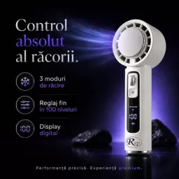 Ventilator de Mana Fara Lame, Ultra-Compact, cu Racire Instanta in 3 Trepte, Reglaj Fin in 100 Niveluri, Motor 14000 RPM, Display Digital, Baterie 4000 mAh, USB-C, Bej