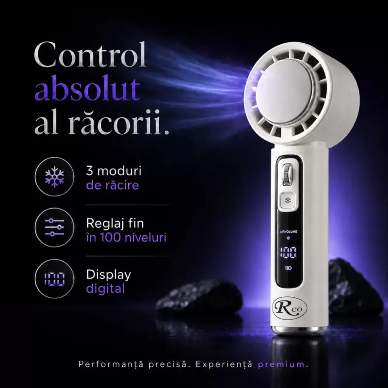 Ventilator de Mana Fara Lame, Ultra-Compact, cu Racire Instanta in 3 Trepte, Reglaj Fin in 100 Niveluri, Motor 14000 RPM, Display Digital, Baterie 4000 mAh, USB-C, Bej