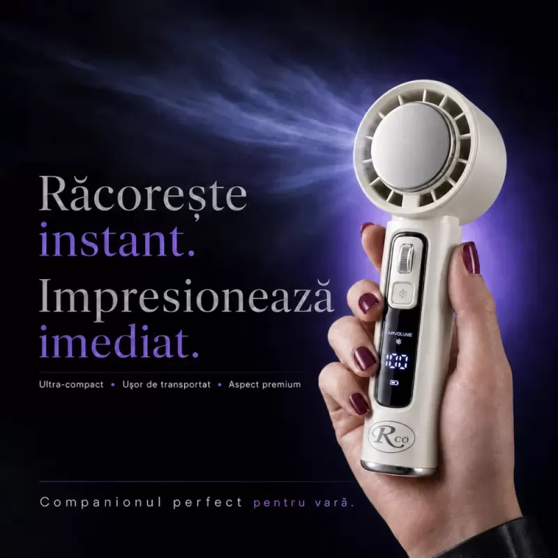 Ventilator de Mana Fara Lame, Ultra-Compact, cu Racire Instanta in 3 Trepte, Reglaj Fin in 100 Niveluri, Motor 14000 RPM, Display Digital, Baterie 4000 mAh, USB-C, Bej