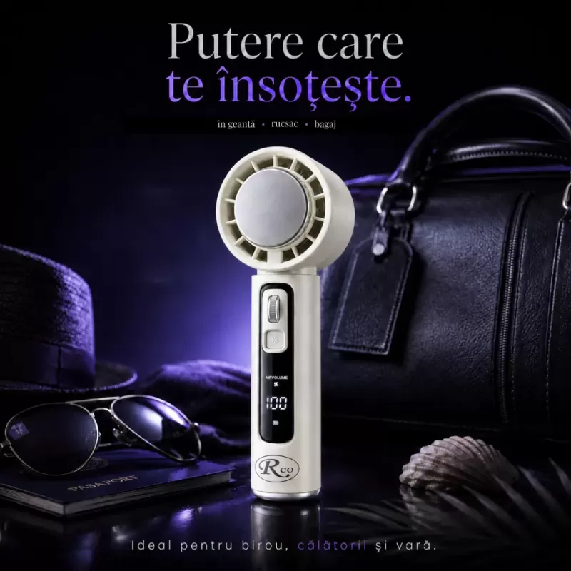 Ventilator de Mana Fara Lame, Ultra-Compact, cu Racire Instanta in 3 Trepte, Reglaj Fin in 100 Niveluri, Motor 14000 RPM, Display Digital, Baterie 4000 mAh, USB-C, Bej