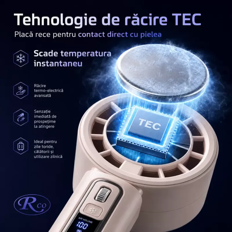 Ventilator de Mana Fara Lame, Ultra-Compact, cu Racire Instanta in 3 Trepte, Reglaj Fin in 100 Niveluri, Motor 14000 RPM, Display Digital, Baterie 4000 mAh, USB-C, Bej