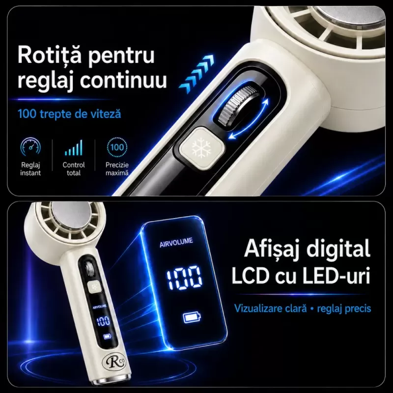 Ventilator de Mana Fara Lame, Ultra-Compact, cu Racire Instanta in 3 Trepte, Reglaj Fin in 100 Niveluri, Motor 14000 RPM, Display Digital, Baterie 4000 mAh, USB-C, Bej