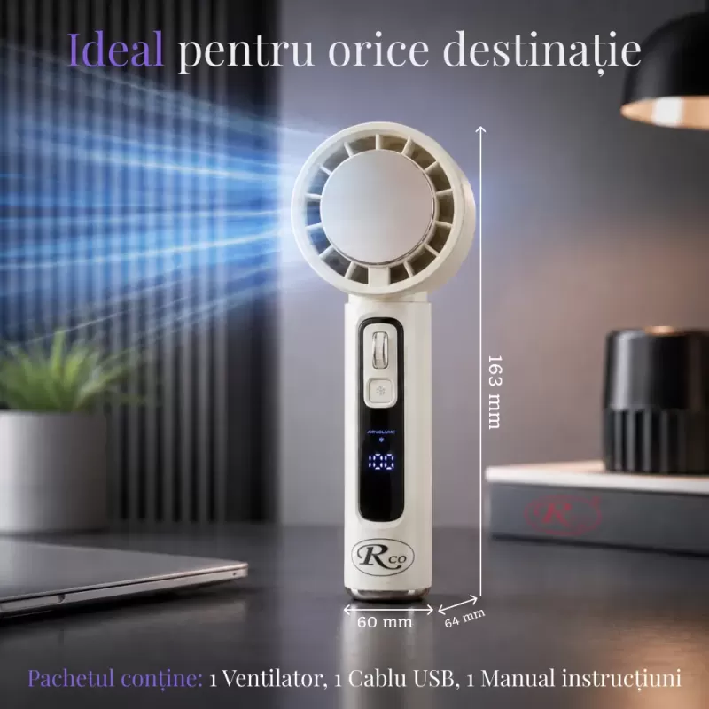 Ventilator de Mana Fara Lame, Ultra-Compact, cu Racire Instanta in 3 Trepte, Reglaj Fin in 100 Niveluri, Motor 14000 RPM, Display Digital, Baterie 4000 mAh, USB-C, Bej